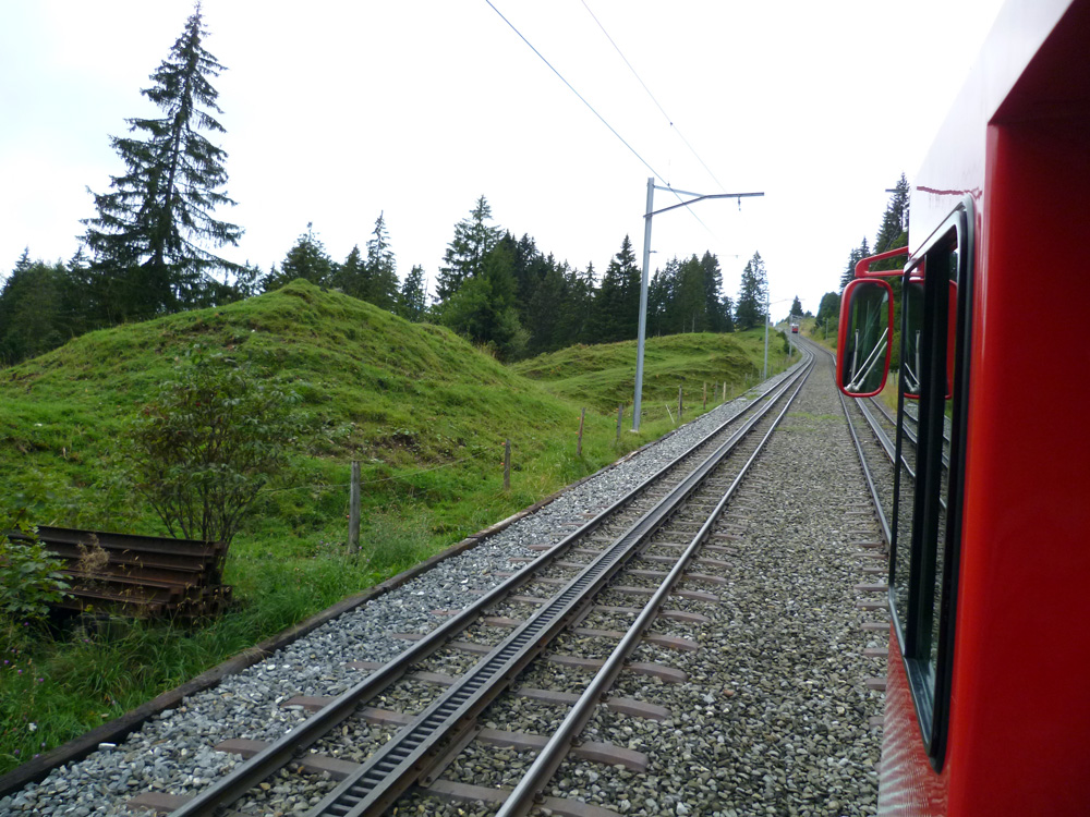 V horní části trati vitznauské linii vedou dvě koleje vedle sebe. Na snímku je dobře vidět systém ozubnice dle Riggenbacha